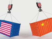 US and China flag shipping containers hanging from cranes illustrating 2025 tariff trade war.