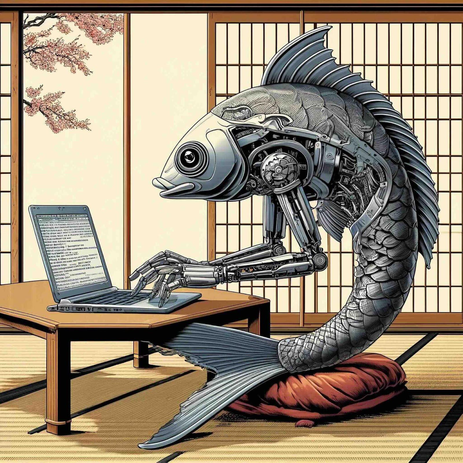 Robotic fish typing on a laptop in a Japanese room.