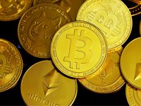 Bitcoin and other cryptocurrencies are featured as actual coins in the image.