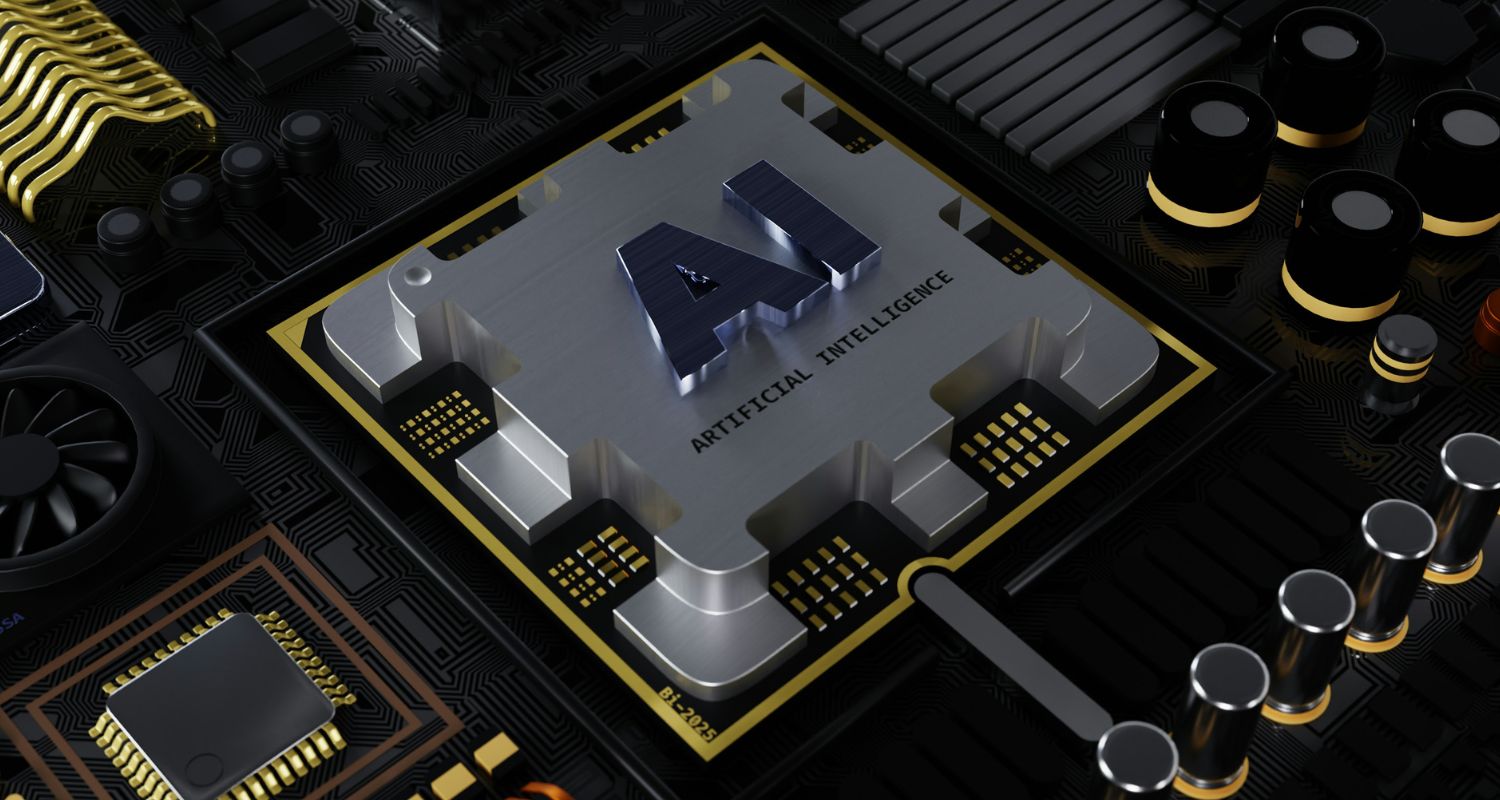 A close-up of a high-tech circuit board featuring a metallic AI chip labeled "Artificial Intelligence" amidst various electronic components.