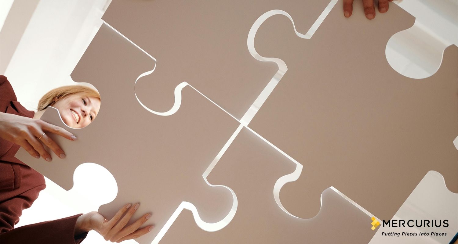Mercurius team assembling giant puzzle pieces symbolizing tailored financial solutions and global collaboration.