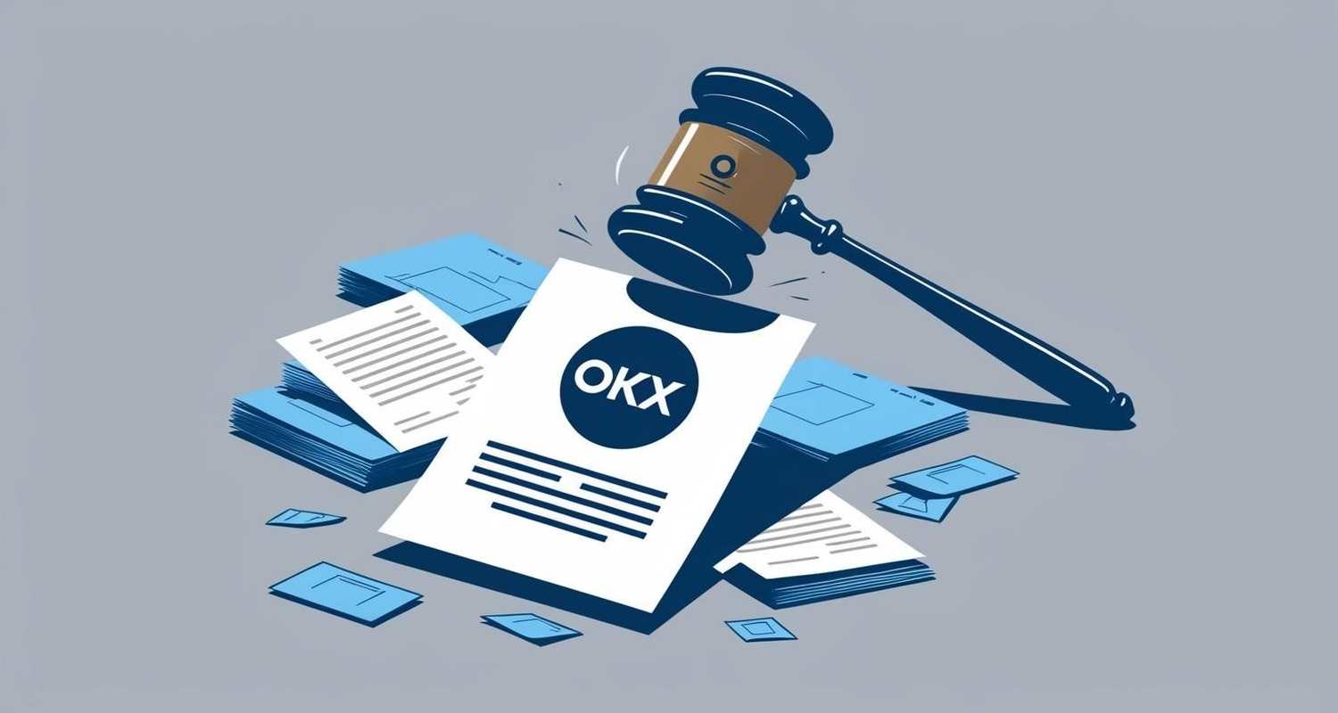 The image features OKX logo with files and a gavel on top.