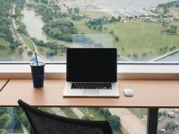 A modern workspace with a laptop and drink, overlooking a green park and marina from a high-rise window