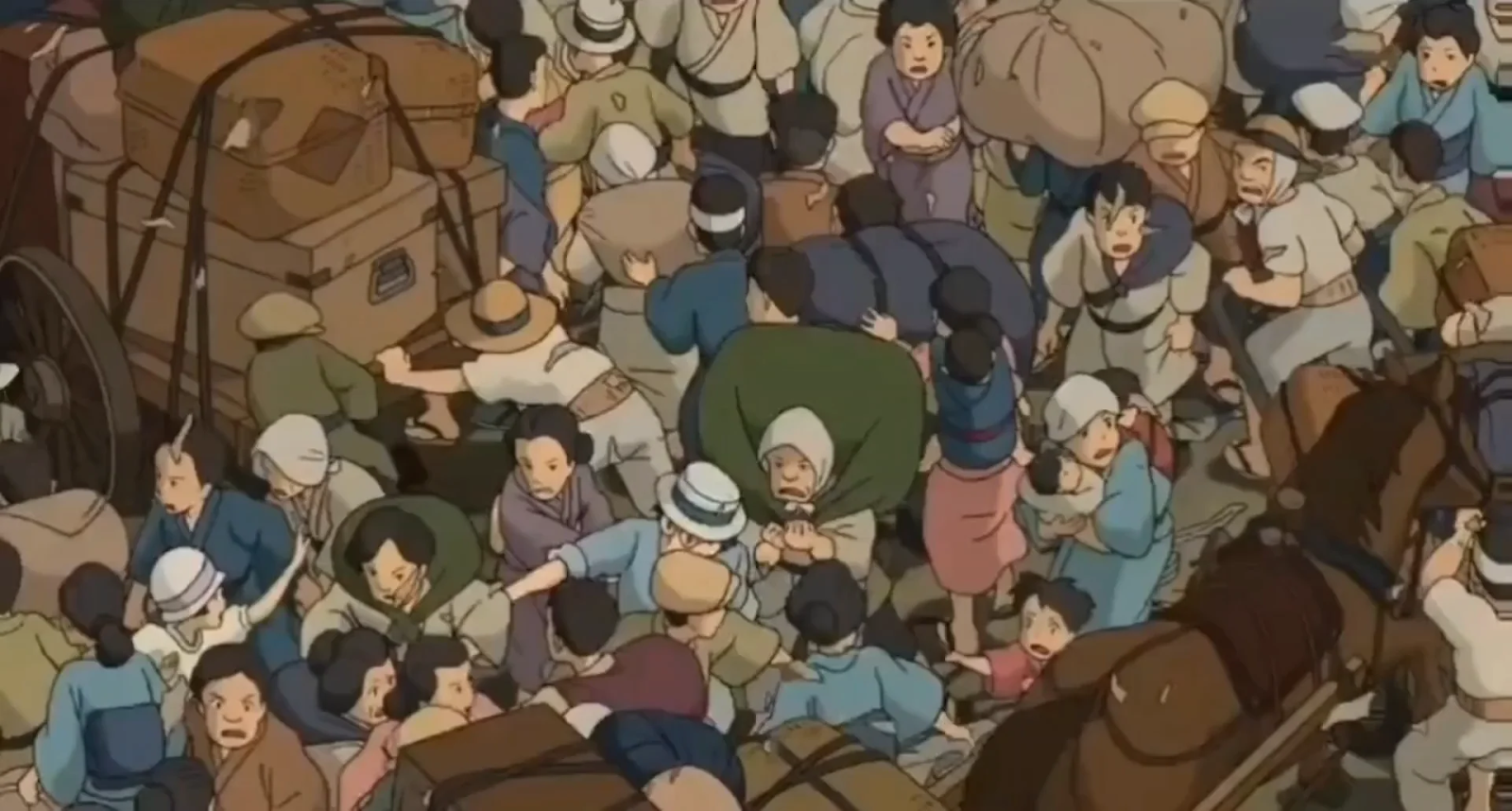 Large crowd in a market, a still from Studio Ghibli’s 2013 film, “The Wind Rises”
