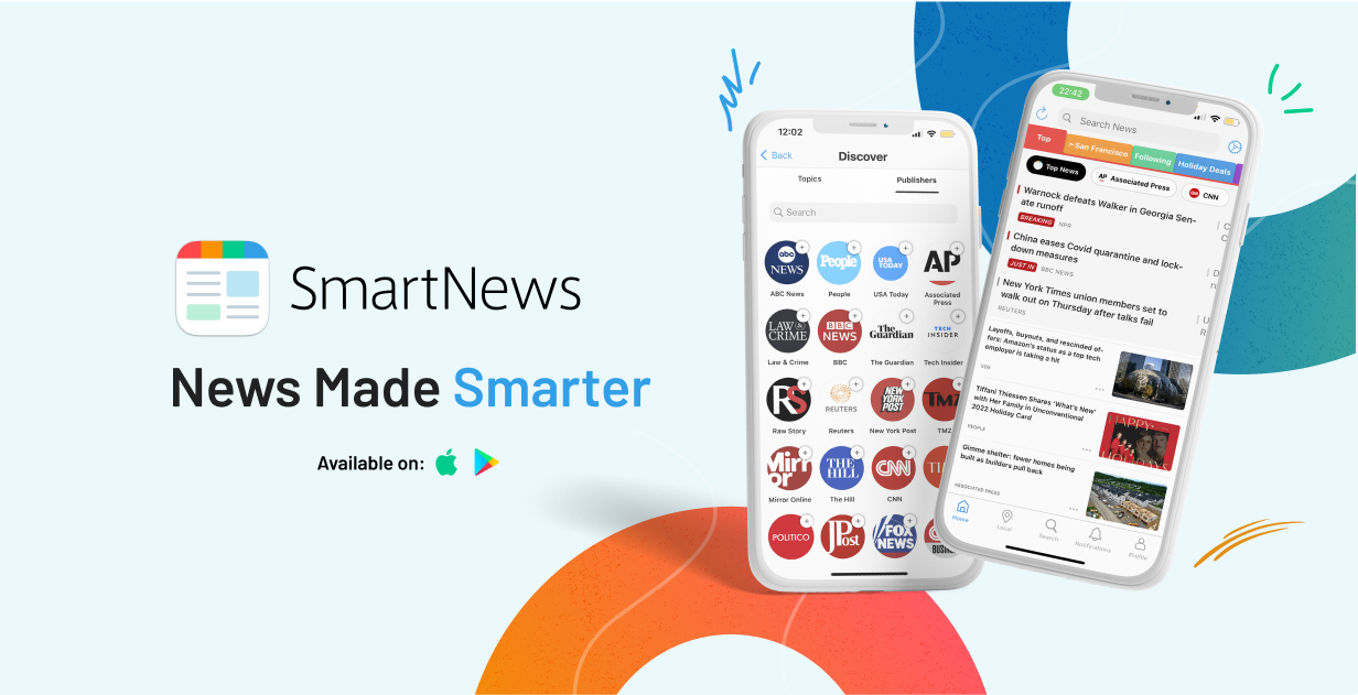 Smartphone showing SmartNews app interface with diverse news articles and source options.