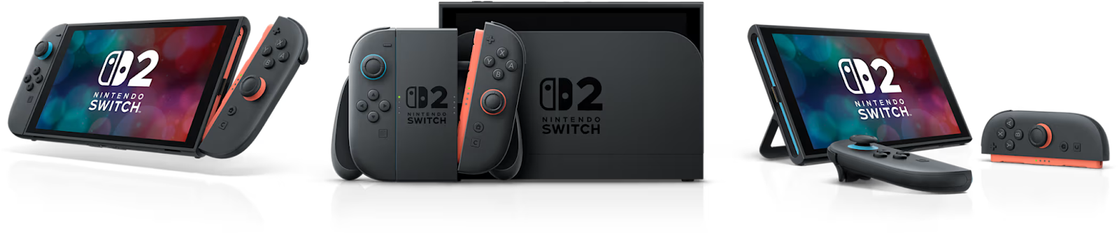 Nintendo Switch 2 shown in handheld, docked, and tabletop modes with Joy-Con 2 controllers.