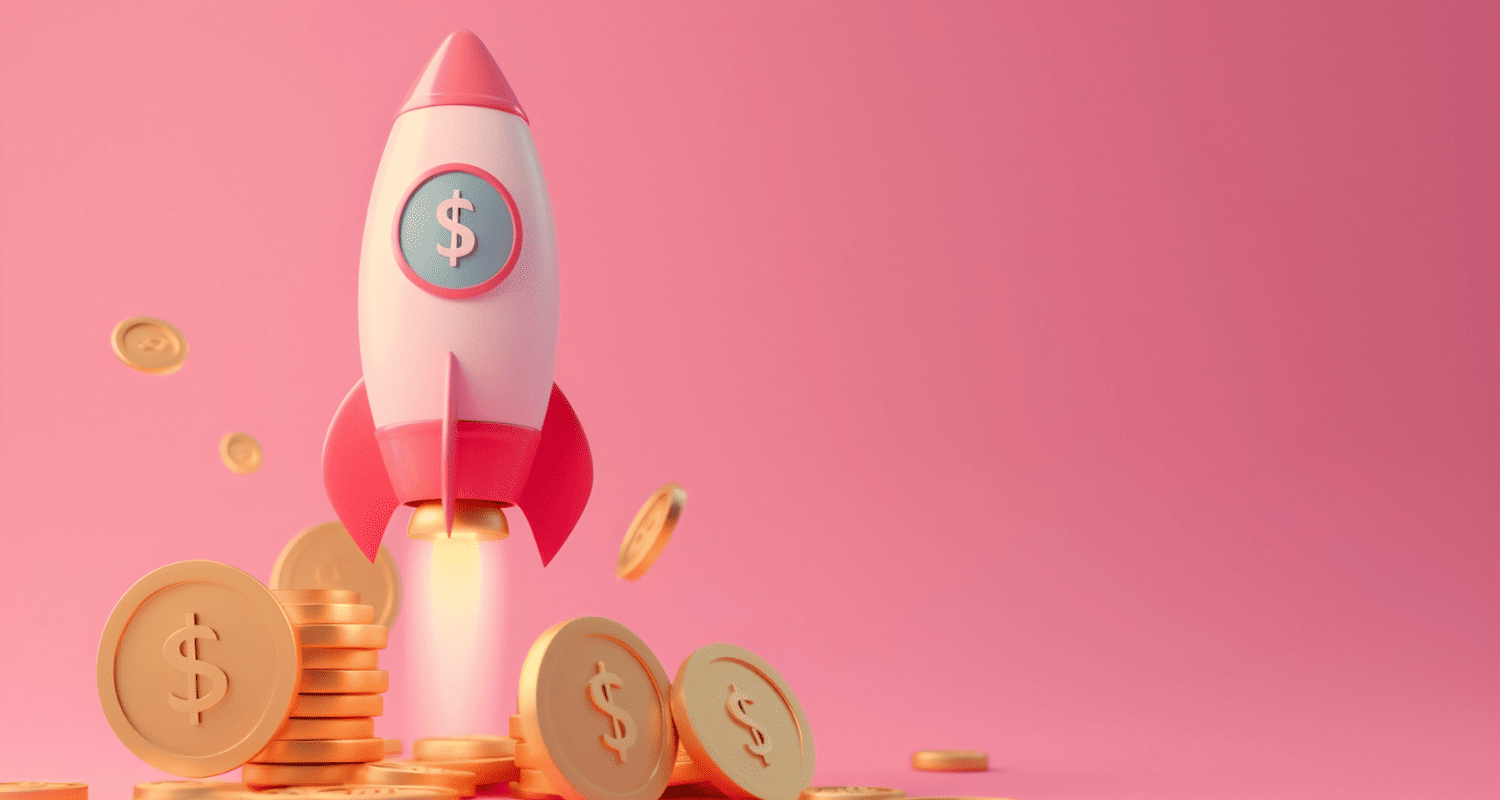 Pink rocket with a dollar sign launching from a stack of gold coins, symbolizing financial growth and investment of Indian startups.