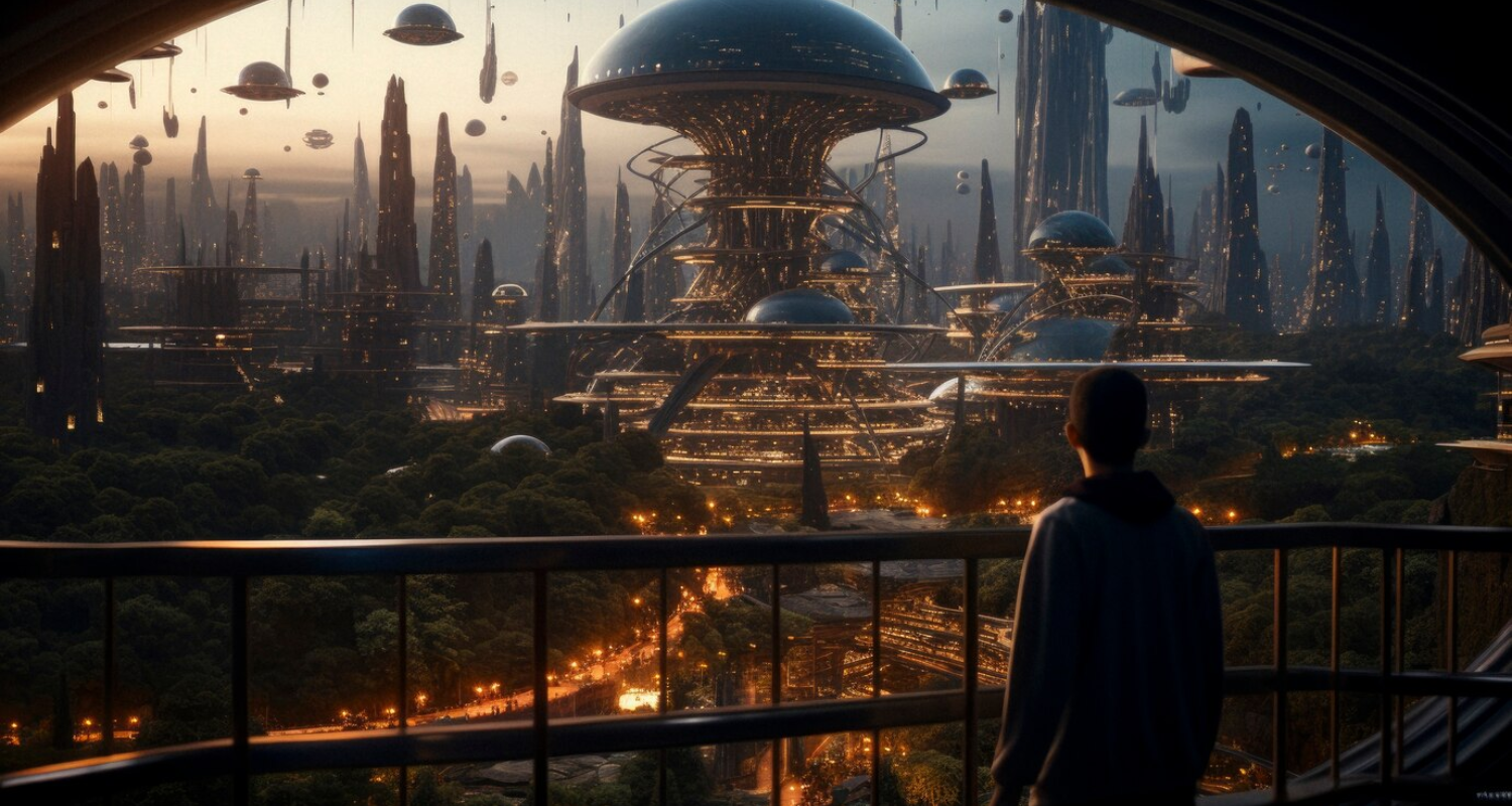 A futuristic cityscape with glowing towers, floating structures, lush greenery and a person viewing from a balcony.